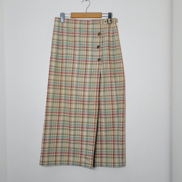 🥑2/100🥑Y2K Vintage Tan & Blue Plaid 90s Style Straight Wrap Skirt %100 Cotton - Picture 3 of 16